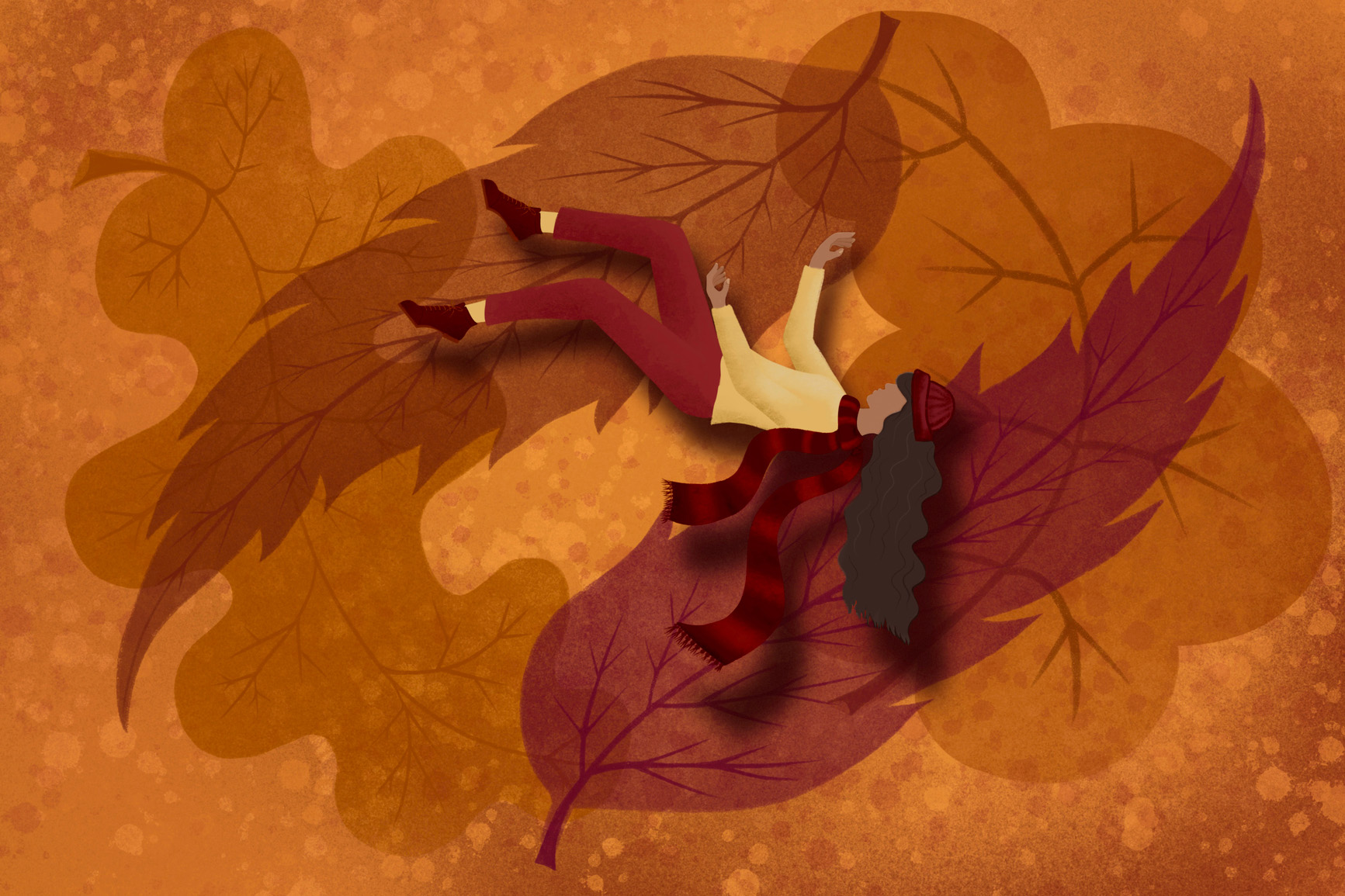 Illustration of a woman in warm autumn clothing and scarf, falling onto fall leaves.
